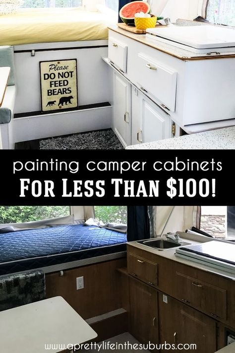 Painting Camper Cabinets makes such an impact in a camper makeover!  It's the most simple and inexpensive way to give a camper new life.  Here are some tips and things we learned when painting the cabinets in our pop-up camper. Painting Pop Up Camper Cabinets, Painting Camper Cabinets, Painting Camper, Popup Remodel, Camper Cupboards, Camper Cabinets, Trailer Hacks, Tent Trailers, Camper Renovations