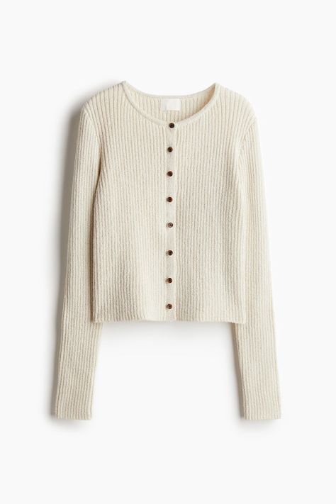 Rib-knit cardigan. Round neckline and buttons at front. Rib Knit Cardigan, Knit Cardigan, Round Neckline, Rib Knit, H&m, Cream, Knitting, Clothes