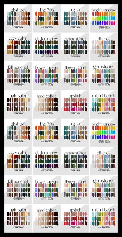 25+ Best Procreate Color Palettes (Free & Premium) - 2024 25 Color Palettes, Color Pages For Procreate, Color Palette Names Inspiration, How To Get Procreate For Free, Free Color Palettes For Procreate, Color Pallets For Procreate, 20 Color Palette, Color Palette Six Colors, Procreate Swatches Free