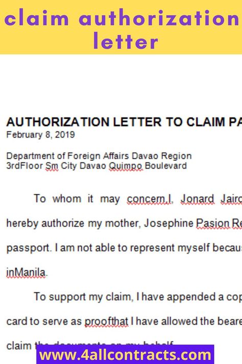 claim authorization letter for passport sample - word template Download this example of claim authorization letter for passport sample. This document is available in word template. You can edit or print this file as you like. Psa Authorization Letter Sample, Authorization Letter To Claim Documents, Authorization Letter For Psa, Authorization Letter To Claim Money, Authorization Letter Sample, Davao Region, Consent Letter, Authorization Letter, Geometric Wallpaper Iphone