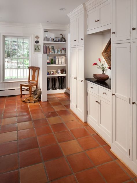 saltillo-kitchen Red Tile Floor, White Kitchen Floor, Spanish Floor Tile, White Tile Kitchen Floor, Saltillo Tile Floor, Trendy Kitchen Tile, Terracotta Floor, Floor Remodel, Kitchen Floor Tile