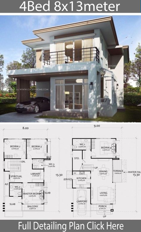 Home Design Plan 8x13m With 4 Bedrooms. - Home Ideassearch Bathroom Library, House Description, Kitchen Backyard, Garden Ground, 4 Bedroom House Designs, Philippines House Design, Duplex Floor Plans, Big Balcony, Two Story House Design