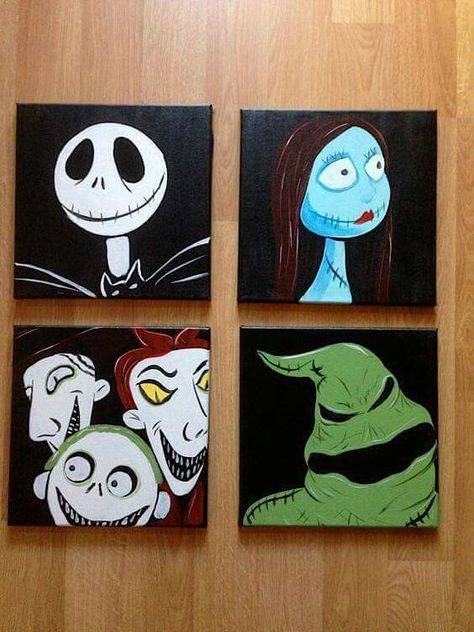 Diy Christmas Canvas, Halloween Decor Diy, Nightmare Before Christmas Decorations, Christmas Paintings On Canvas, Diy Halloween Decor, Christmas Portraits, Posca Art, Cute Canvas Paintings, Halloween Painting