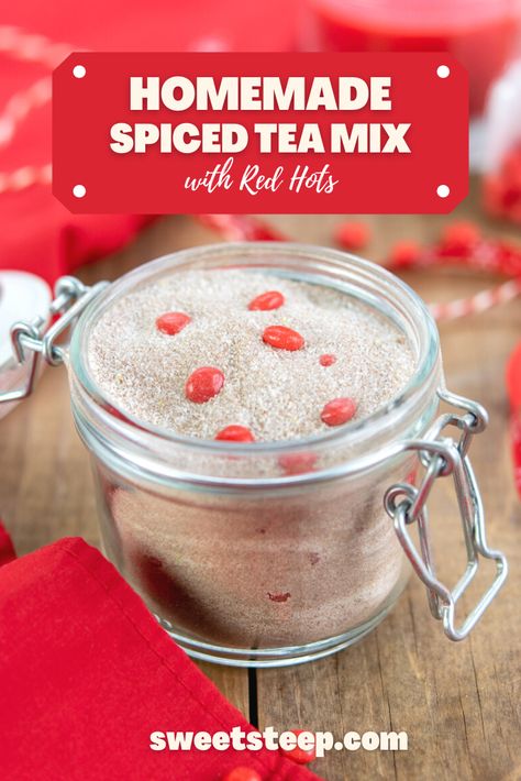 Quick and easy spiced tea mix recipe with orange Tang, tea, lemonade, spices and red hots. Perfect for Christmas gift-giving. It only takes minutes to mix together and powder in a blender or food processor. Tastes delicious, too! #spicedtea #recipewithtang #redhots #christmastea #recipe #mixrecipe #homemade #russian #tea Cinnamon Red Hot Recipes, Spiced Tea Recipe With Tang And Red Hots, Spice Tea Mix With Tang, Apple Cider With Red Hots, Russian Tea Recipe Tang, Spiced Tea Recipe With Tang, Spiced Tea Mix Recipe, Unhealthy Drinks, Friendship Tea Recipe