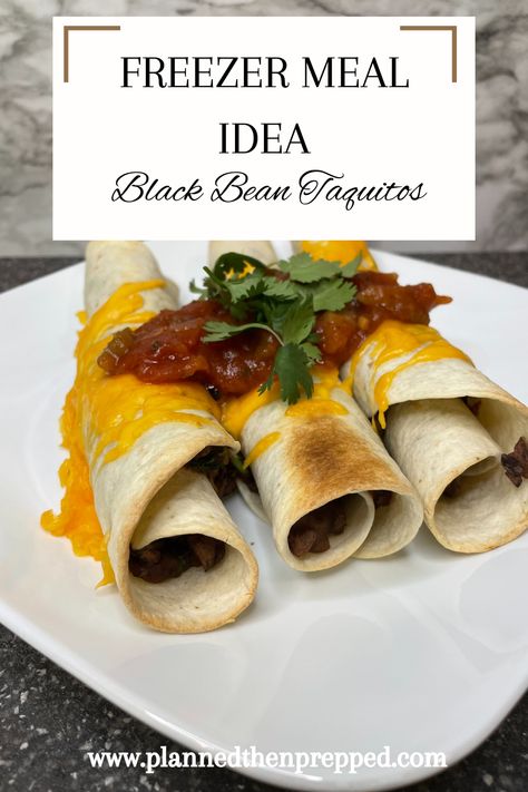 These vegetarian black bean taquitos are a great meal to prep for supper and also stash in the freezer. Before baking put these rolled taquitos into a freezer container or baggie and store for up to 3 months, when you are ready to use them, bake at 350 degrees for 15-20 minutes or until the middle is warmed again. Check out the full recipe at www.plannedthenprepped.com! Rolled Taquitos, Black Bean Taquitos, Bean Taquitos, Bean Burritos, Freezer Containers, Freezer Meal, Canned Black Beans, Easy Meal Prep, Cooking With Kids