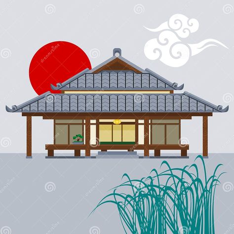 Japanese House Drawing, House Vector Illustration, Old Japanese House, Grass Vector, Traditional Japanese House, House Graphic, Building Illustration, Traditional Building, House Vector