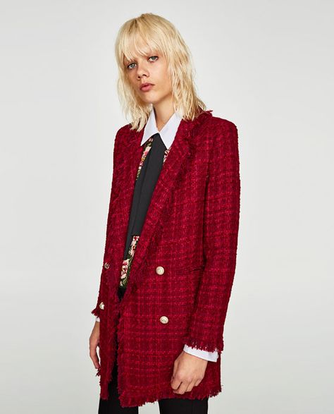 FRAYED JACKET WITH EMBELLISHED BUTTONS from Zara Fringe Blazer, Embellished Buttons, Chanel Style Jacket, Tartan Fashion, Fall Blazer, Mode Zara, Zara Coat, Cropped Blazer Jacket, Zara Blazer