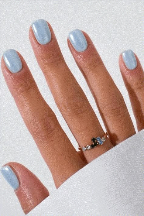 Tiffany Blue Nails Chrome, Light Blue Accent Nails, Light Blue With Chrome Nails, Homecoming Nails Acrylic Blue, Light Blue Vacation Nails, Autumn Blue Nails, Blue Gel Nails Designs, Neutral Blue Nails, Boy Mom Nails