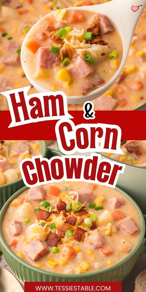 This creamy ham and corn chowder is the ultimate comfort food! Packed with tender ham, sweet corn, and a rich, flavorful broth, it’s perfect for cozy dinners. #HamChowder #CornChowder #ComfortFood #EasySoup Corn And Ham Chowder Recipe, Ham Corn Chowder Recipe, Ham And Corn Chowder Soup, Ham Corn Chowder, Cheesy Ham Chowder, Ham And Corn Chowder, Ham Chowder Recipe, Corn Chowder Crockpot, Corn Chowder With Ham