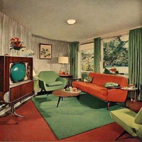 Mid Century Interior Design 1950s, Mid Century Living Room 1950s, Living Room 60s, 1950s House Interior, 60s Living Room, Modern Green Living Room, 1950s Interior Design, 1960s Interior Design, Midcentury Living Room