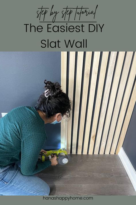 A Slat wall is a great beginner project. Don't be afraid to try this weekend project Diy Slat Wall, Vertical Slats Wall, Weekend Projects Diy, Wall Behind Tv, Black Accent Walls, Slate Wall, Wall Paneling Diy, Wood Slat Wall, Diy Accent Wall