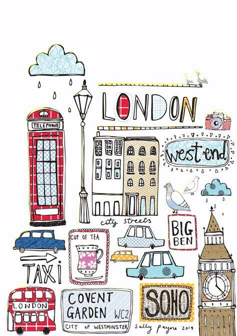 LONDON Sally Payne, London Illustration, Big Ben Clock, Sketch Note, Journal Idea, Identity Inspiration, Branding Identity, Travel Illustration, London Love