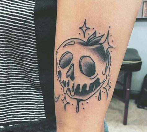 Poison apple tattoo Disney Poison Apple Tattoo, Poison Apple Tattoo Ideas, Snow White Poison Apple Tattoo, Candy Apple Tattoo, Snow White Apple Tattoo, Disney Halloween Tattoos, Rotten Apple Tattoo, Poison Apple Tattoo, Villain Tattoo