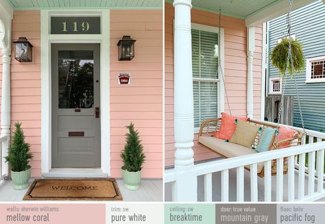 Our Beach House | Young House Love Sherwin Williams Mellow Coral Paint SW Pure White paint on trim Pink House Exterior, Exterior Beach House, Modern Beach House Design, Coral House, Beach House Kitchen, Beach House Colors, House Front Porch, Beach House Exterior, Exterior House Color