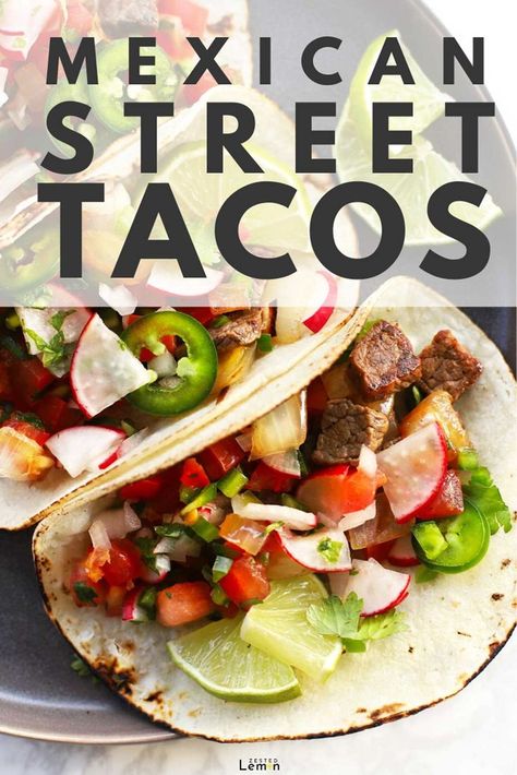 Simple yet tasty cubed steak, sweet crispy onions, zesty radish pico and all the toppings, tucked into warm delicious little tortillas. #streettacos #easydinner #recipe #tacos #zestedlemon | zestedlemon.com Authentic Mexican Street Tacos, Mexican Street Tacos, Beef Cubed Steak, Street Taco Recipe, Broiled Steak, Cubed Steak, Cube Steak, Street Tacos, Crispy Onions