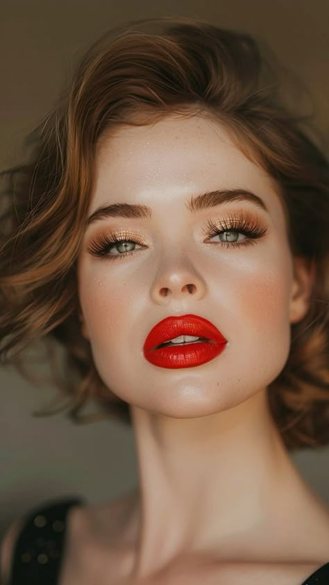 Red Lip Makeup Look Blue Eyes, Makeup W Red Lips, Makeup For Redheads With Green Eyes, Ginger Bride Makeup, Hazel Eyes Makeup Looks, Classy Makeup Looks Red Lips, Makeup Looks For Red Hair, Red Lipstick Photoshoot, Eye Makeup For Red Lips