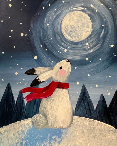 Blissful Bunny - Tue, Dec 26 3PM at Naperville How To Paint Bunny, Christmas Bunny Painting, Winter Animal Painting, Family Painting Easy, Whimsical Winter Art, Kids Christmas Painting Canvas, Winter Drawings Easy For Kids, January Painting Ideas, Baby Room Paintings Canvases