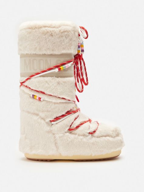 ivory white faux-fur design bead embellishment round toe ankle-length front lace-up fastening flat rubber sole Bead Embellishment, Mule Sneakers, Moon Boot, Low Boots, Moon Boots, Baby Boots, White Faux Fur, Beaded Trim, Iconic Women