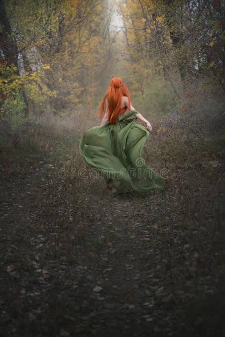 Red Dress Forest Photoshoot, Woman Running In Dress, Fairy With Red Hair, Red Head Witch, Red Hair Fairy, Medieval Photoshoot, Woman In Forest, These Broken Stars, Girl In Forest