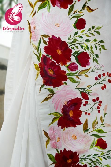 White Hand-painted Viscose Crepe Saree Frabic Paint Ideas, Painting On Ghagra, Floral Hand Painted Fabric, Hand Painted Suits Designs, Floral Fabric Painting, Printed Lengha, Hand Painted Suits, Hand Painted Dresses, Painted Suits