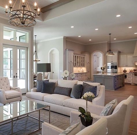 I heart everything about this French Style Living Room, French Country Living Room, Trendy Living Rooms, Country Living Room, Hamptons Style, Open Concept Kitchen, Furniture Layout, Family Room Design, Livingroom Layout