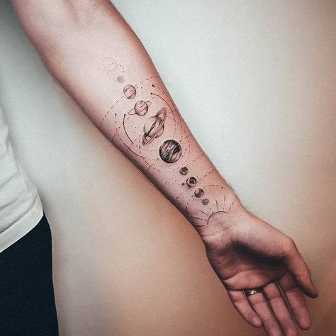 Solar System Tattoos, Tree Leg Tattoo, Space Tattoo Ideas, Science Tattoo, Cosmic Tattoo, Solar System Tattoo, Father Tattoos, Planet Tattoos, Planet Design