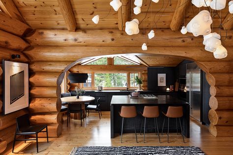 How the cofounder of Herschel Supply Co. helped design the perfect log home for his family. Remodeled Log Cabin, Log Cabin Modern Interior, Ski Chalet Interior Design, Log Cabin Dining Room, Log Cabin Makeover, Modern Log Cabin Interior, Log Kitchen, Ski Lodge Interior, Iceland House