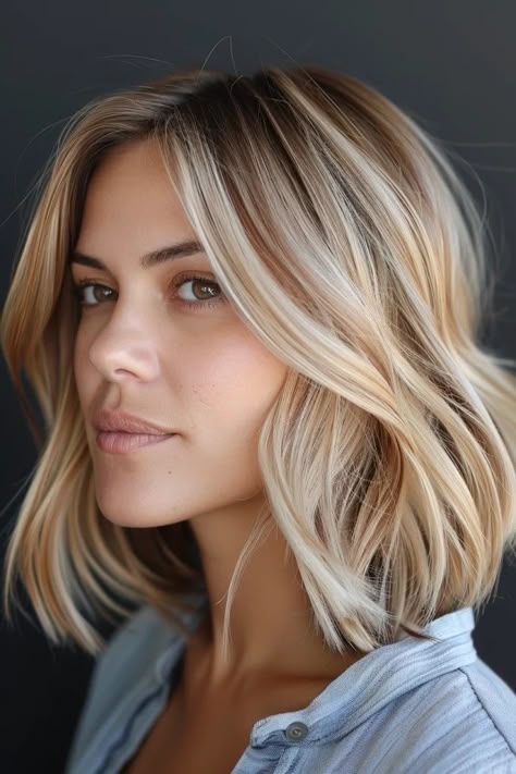 Collarbone Length Hair Blonde Highlights, Short Blonde Hair Color Ideas For Summer, Blonde Hair Over 40 Shoulder Length, Blonde Lob Over 40, Collarbone Length Blonde Hair With Layers, Blonde Collar Bone Length Hair Curtain Bangs, Miranda Derrick Hair, Summer Hair Color Ideas, Summer Blonde Hair