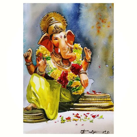 Artistic Ganesha Painting, Ganesh Ji Water Colour Painting, Watercolor Ganesha Painting, Watercolor God Painting, Ganpati Watercolor Paintings, Shiva Drawings, Ganesha Art Illustration, Temple Watercolor, Jai Shri Krishna