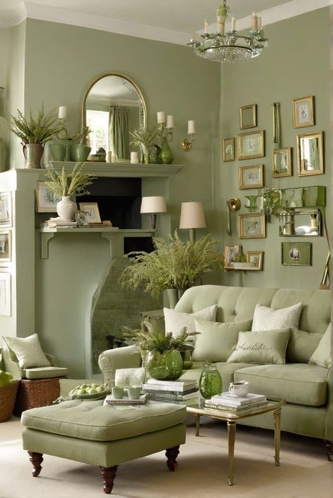 Bright Sage Green, House Interior Sage Green, Sage Green Country Living Room, Antique Sage Green Paint, Sage Green Living Room Victorian, Sage Living Room Decor, Sage Green Wallpaper For Lounge, Sage Green Kitchen Walls, Light Green Rooms