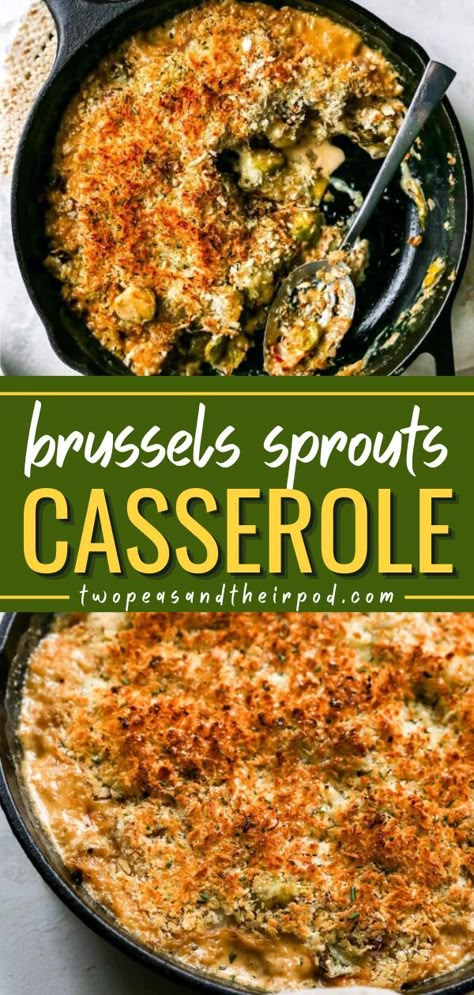 Out of Thanksgiving side dish ideas? This Brussels Sprouts Casserole with bacon, cheese, and a crispy panko topping is absolutely delicious! Pin this Thanksgiving dinner party recipe! Thanksgiving Brussel Sprouts, Brussels Sprouts Casserole, Brussel Sprout Casserole, Thanksgiving Casserole, Crispy Brussel Sprouts, Bacon Casserole, Thanksgiving Side Dish, Healthy Holiday Recipes, Best Casseroles