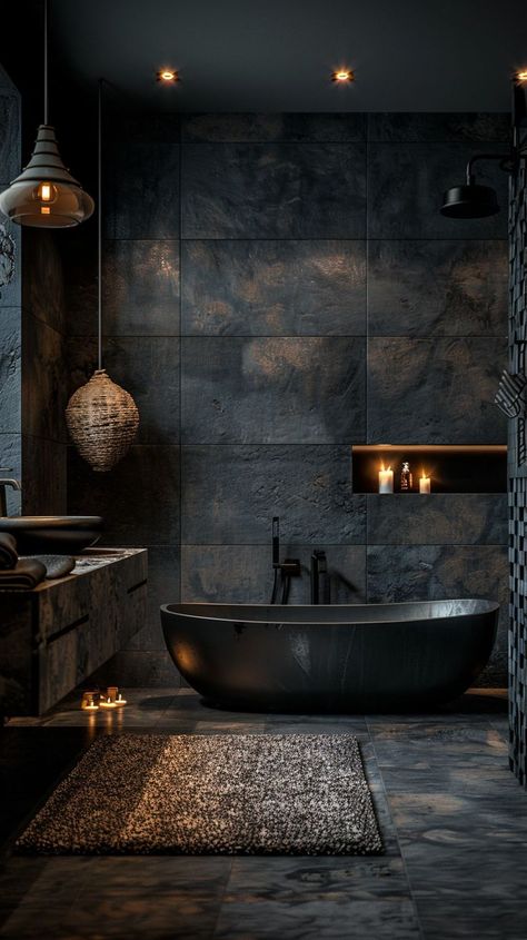 Moody Masculine Bathroom, Black Bathrooms Luxury, Bathroom Aesthetic Dark, Industrial Chic Bathroom, Moody Bathroom Tile, Black And Copper Bathroom, Black Master Bath, Bathroom Interior Design Luxury Black, All Black Interior Design