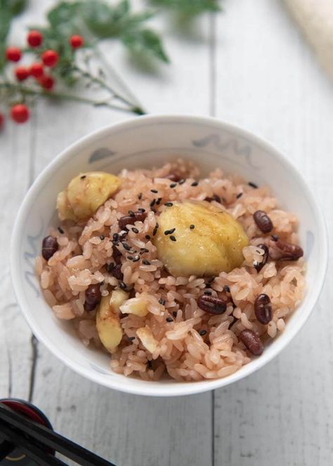 Red Bean Rice with Chestnuts (Kuri Okowa) - RecipeTin Japan Chestnut Rice, Autumn Rice, Red Bean Rice, Sports Carnival, Azuki Beans, Red Beans Recipe, Bean Rice, Azuki Bean, Sweet Chestnut