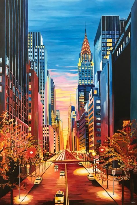 New York Painting, Andermatt, Building Painting, Abstract City, City Painting, Landscape Paintings Acrylic, Chrysler Building, Cityscape Art, Art Deco Architecture