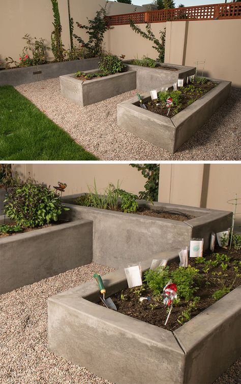 Raised Garden Beds On Concrete Patio, Garden On Concrete, Cement Raised Beds, Raised Concrete Garden Beds, Garden Concrete Ideas, Raised Bed Planters Ideas, Raised Cement Garden Beds, Cement Planter Boxes, Raised Planter Garden