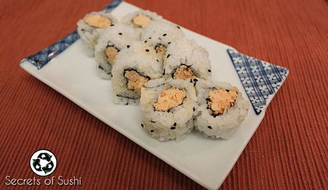 Crab For Sushi How To Make, Snow Crab Salad Recipe Sushi, Spicy Crab Sushi Bake, Spicy Crab Roll, Spicy Shrimp Salad, Spicy Crunchy Crab Sushi Roll, Imitatation Crab Sushi Recipe Easy, Crunchy Crab Sushi Roll, Crab Sushi