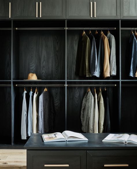 California Closets, Custom Closet Organization, Walk In Closet in Black Color Finish with Hanging, Men's Closet Custom Closet Storage, Organizational Design, Reach In Closet, No Closet Solutions, Wardrobe Door Designs, Modern Closet, California Closets, Closet Lighting, Built In Cabinet