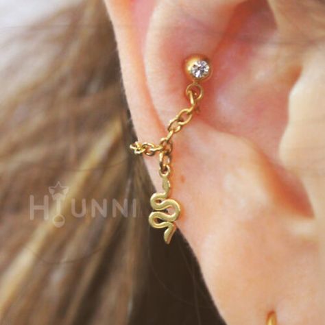 Earring Snake, Conch Chain, Helix Chain, Earlobe Piercings, Hippie Chic Jewelry, Conch Piercing Jewelry, Large Silver Hoop Earrings, Handmade Hoop Earrings, Minimalist Earrings Gold