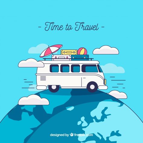 Travel background with van on earth Free Vector Roadtrip Illustration, Travel Bus, Background Car, Travel Background, Van Travel, Freedom Travel, Time To Travel, Travel Car, Om Mani Padme Hum