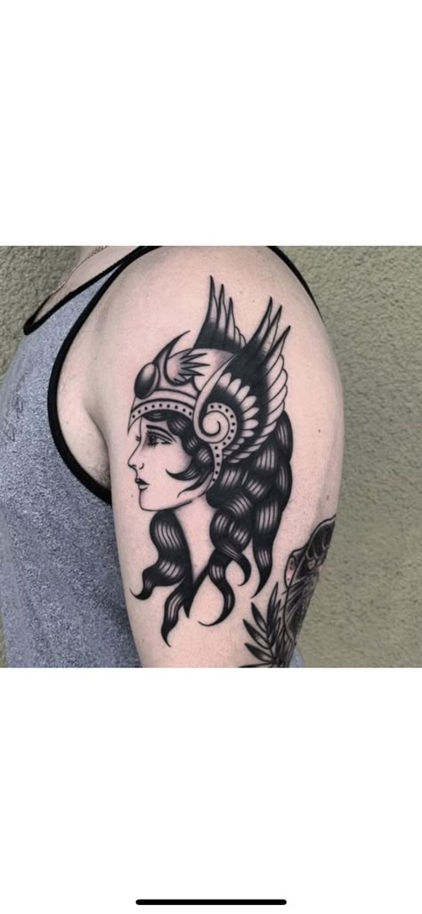 Valkyrie Traditional Tattoo, Viking Valkyrie Tattoo, Valkyrie Pinup Tattoo, Athena Tattoo Traditional, Goddess Tattoo Traditional, Traditional Athena Tattoo, Greek Mythology Tattoos Traditional, Viking Traditional Tattoo, Traditional Valkyrie Tattoo