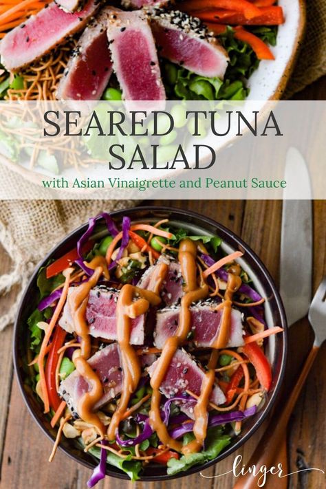 Crunchy Asian Seared Tuna Salad with Peanut Sauce is brimming with color, texture, and flavor. This recipe is healthy and super simple to throw together. The tuna is like butter that melts in your mouth. Asian Vinaigrette and Peanut sauce top this salad with yumminess. #searedtuna #asiansalad #salads #tunasalads #maindishsalads Tuna Asian Salad, Thai Salad With Peanut Sauce, Asian Cucumber Salad With Peanut Butter, Tuna Salad With Bell Peppers, Lemon Pepper Tuna Salad, Seared Tuna Salad, What Is Healthy Food, Seared Tuna, Diet Smoothie Recipes