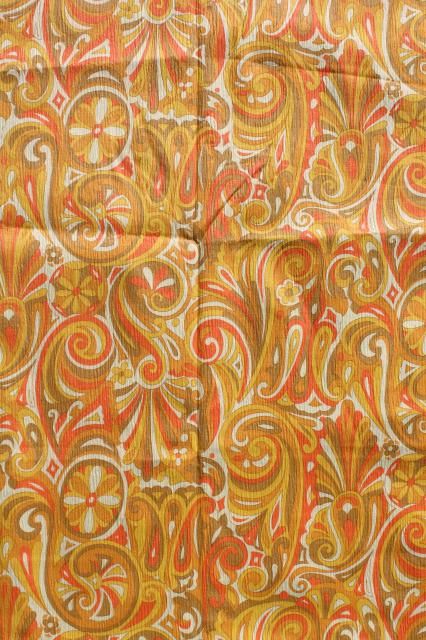 60s 70s vintage mod orange & yellow paisley swirls print crinkle cotton fabric 70s Patterns Fabric, Retro Fabric Patterns, Orange Cotton Fabric, 70s Fabric, Ibiza Wedding, Crinkle Cotton, Laurel Leaves, Retro Fabric, Retro Print