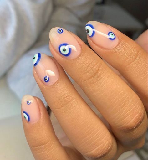 Greek Eye Nails Designs, Evil Eye Chrome Nails, Turkey Eye Nails, Greek Eye Nail Art, Blue Nails Evil Eye, Turkish Nails, Turkish Eye Nails, Greek Nails, Unusual Nail Designs