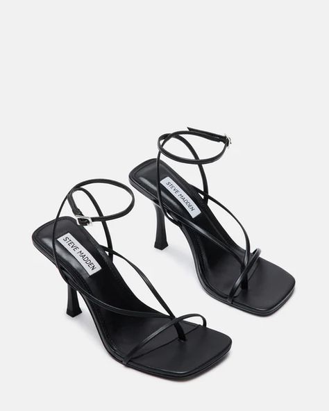 Perfect for dressing up or down, ANNIE has so much going for her. A simple strappy silhouette and sexy stiletto heel work in tandem to complement all your work to play looks. 3.75 inch heel height Vegan leather upper material Vegan leather lining Vegan leather sock Synthetic sole Imported #AD Kitten Heel Slingbacks, Branded Shoes For Men, Steve Madden Store, Black Strappy Heels, Pink Men, Square Toe Heels, Leather Socks, Fall Shoes, Madden Girl