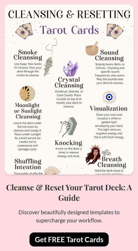 Guide to cleansing and resetting your tarot deck for accurate readings. Includes methods and tips. How To Cleanse Tarot Deck, How To Tarot, New Tarot Deck Ritual, Tarot Timing, Tarot Business, Deck Cleaning, The Season Of The Witch, Healing Vibes, Tarot Tips