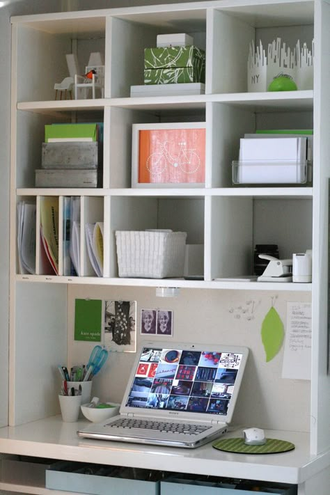 I'm already over my enormous Ikea bookcase (originally bought it with the intention of using it as a divider for my bed) ... this makes me wonder what I could turn it into Closet Desk, Ikea Desk Hack, Ikea Bookcase, Office Closet, Closet Office, Office Nook, Study Nook, White Desk, Desk Areas