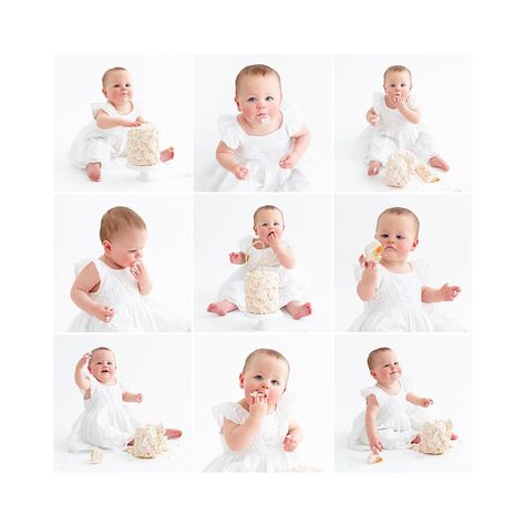 3x3 collage of baby eating cake on a white backdrop, wearing a lace white dress in Toronto studio. All White Backdrop, Bday Shoot, First Birthday Cake Smash, First Birthday Cake, Birthday Cake Smash, First Birthday Cakes, White Backdrop, Simple White, Baby Photoshoot