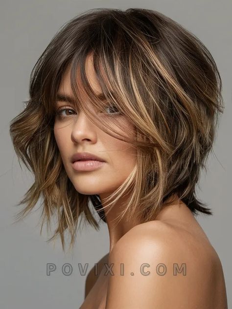 34 Layered Shaggy Bob Hairstyles for All Hair Types: from Short to Long, for Fine or Curly Hair Feathered Hairstyles Medium Mid Length, Sultry Bangs, Layered Shaggy Bob, Feminine Hairstyle, Mid Haircuts, 2024 Haircut, Medium Shaggy Hairstyles, Shaggy Bob Hairstyles, Modern Short Hairstyles