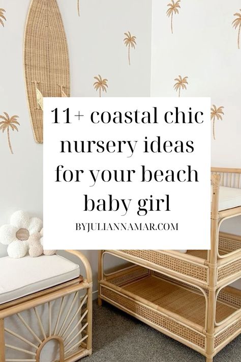 Looking for the cutest girl nursery ideas for a beach baby themed room? The cutest coastal and beach-y nursery ideas are below on my list to help you create your dream nursery! I put together over 11 boho nursery ideas, surfer girl nursery ideas, coastal nursery ideas, beachy nursery ideas, pink nursery decor, beach baby nursery decor and so much nursery inspo that you'll absolutely love! Each of them is different in their own way with their own nursery aesthetic, but the end product is stunning. Make sure you grab our nursery checklist filled with baby essentials, nursery must haves and so much more! Some of these beach nursery ideas literally feel like your toes are in the sand and the ocean is at your feet between the baby surfboards, palm tree wallpaper and seashell pillows. Nursery Ideas Coastal, Beach Nursery Ideas, Coastal Nursery Ideas, Chic Nursery Ideas, Nursery Ideas Pink, Beach Baby Nursery, Beachy Nursery, Nursery Must Haves, Nursery Checklist