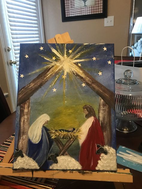 Holy Night by Jackie Pena English Journal, Pretty Little Fawn, Nativity Painting, Christmas Canvas Art, Christmas Paintings On Canvas, Holiday Painting, Nativity Crafts, Christmas Nativity Scene, Winter Painting